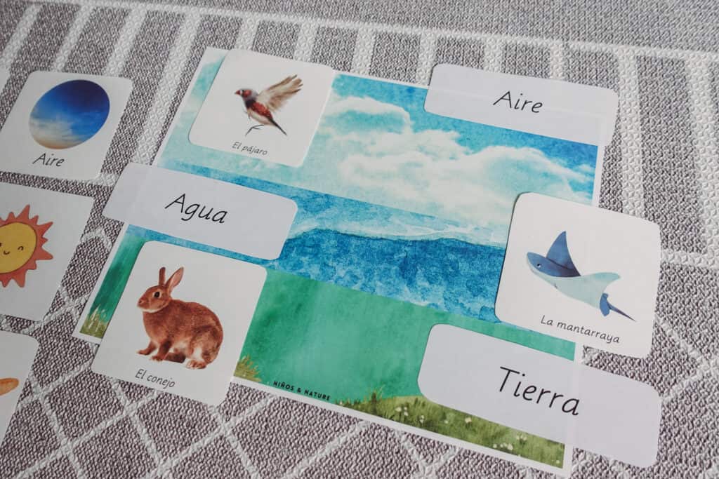 Montessori flash cards Spanish - land, air, water, cards