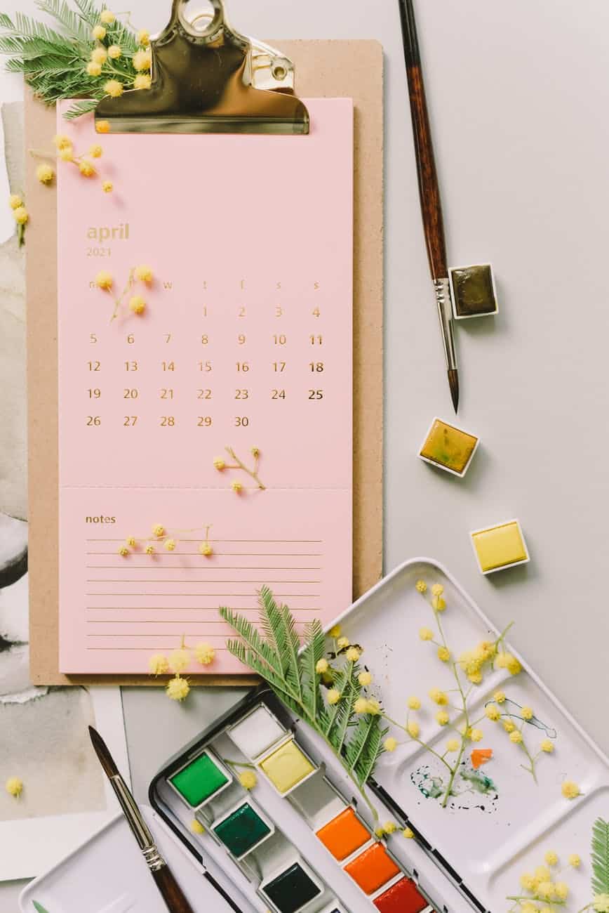 photo of calendar and watercolor palette