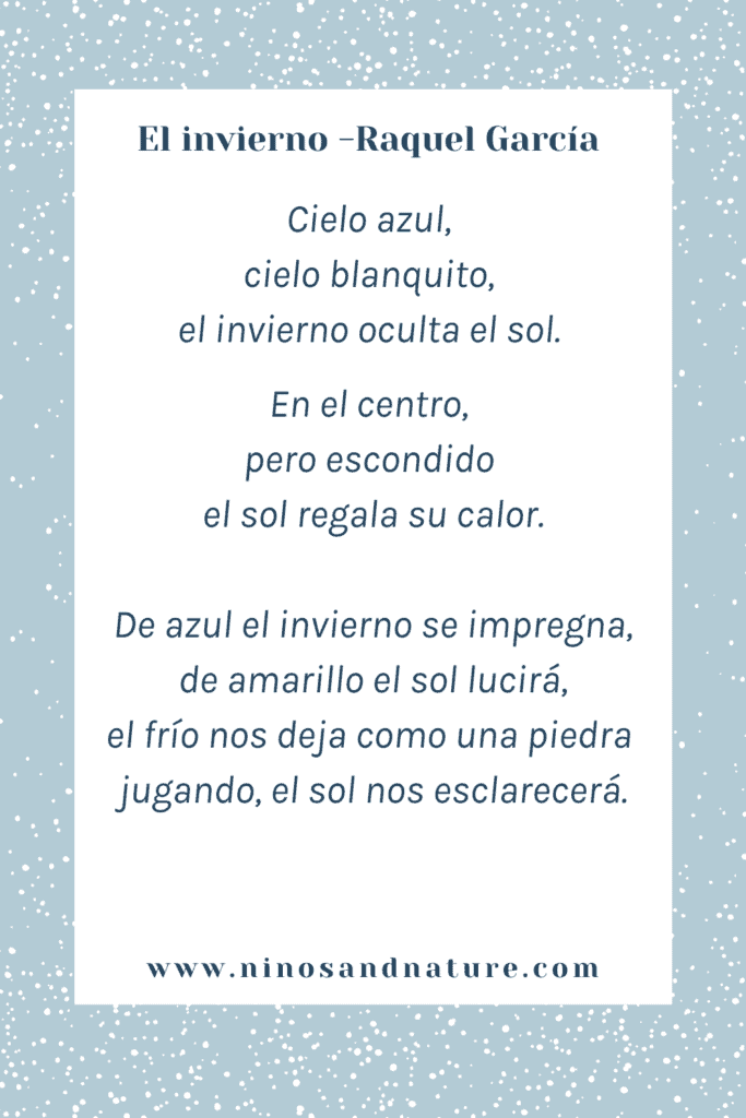 A winter poem written in Spanish on a blue background with snowflakes