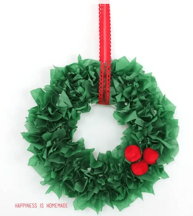Tissue paper wreath - green with red pom poems