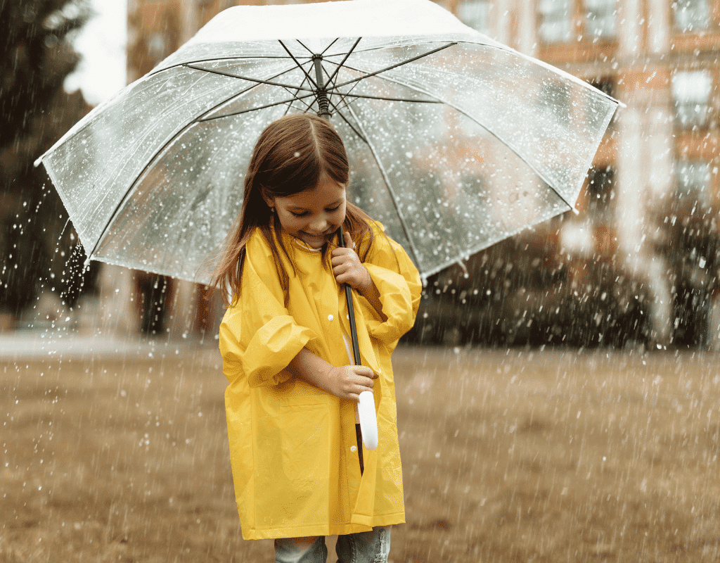 Girl standing in rain with umbrella for post about Spanish weather words