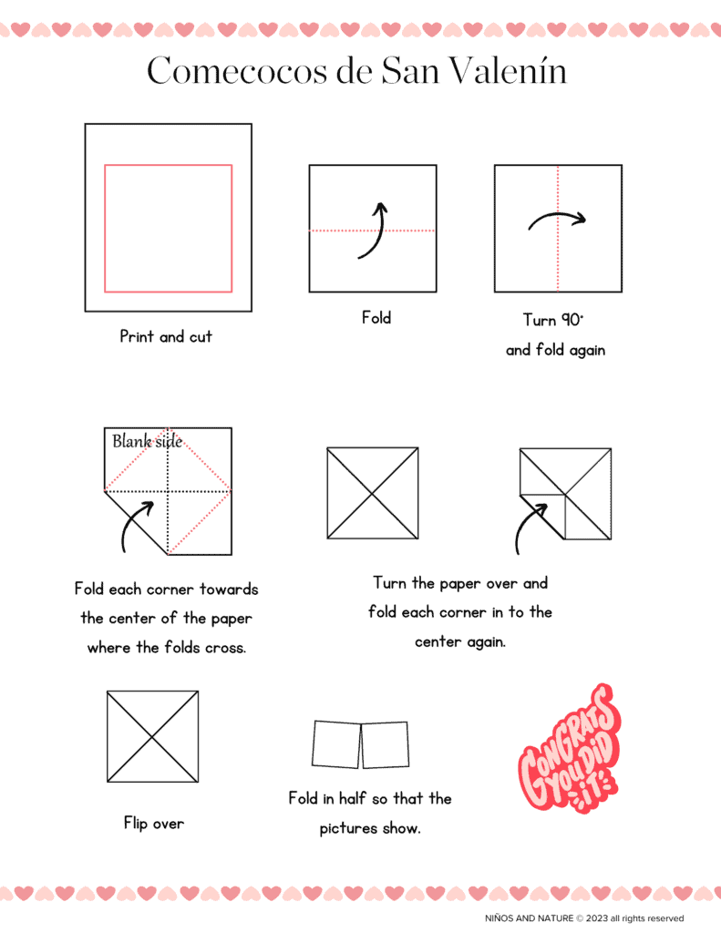 step by step picture with how to fold a paper fortune teller in English