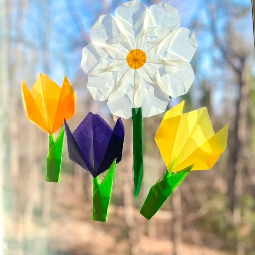 origami kite paper spring flowers - Waldorf window stars