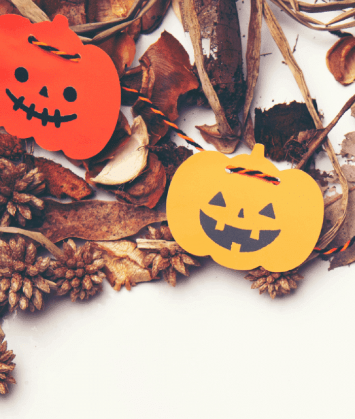 Halloween pumpkins with leaves and pine cones